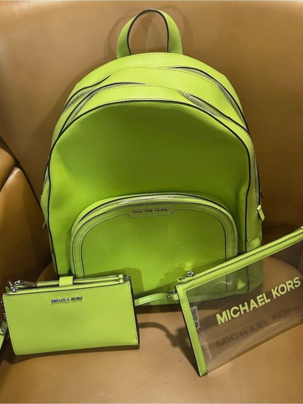 Michael Kors Neon Lime Green Saffriano Leather Backpack Wallet & Clear Bag Set